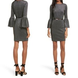 Ted Baker Hannah Bell Sleeve silver black Metallic Dress US8
